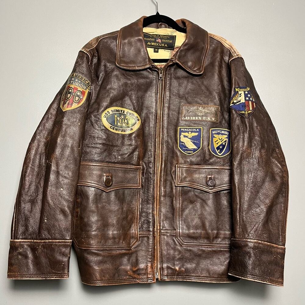 Avirex Vintage Brown Leather Bomber Jacket USA Navy Patch Military Men’s Size M